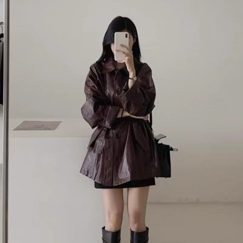 Long and medium-length retro leather jacket for women, 2025 early spring new high-end style, this year's popular zip-up jacket with ties, suitable for petite figures