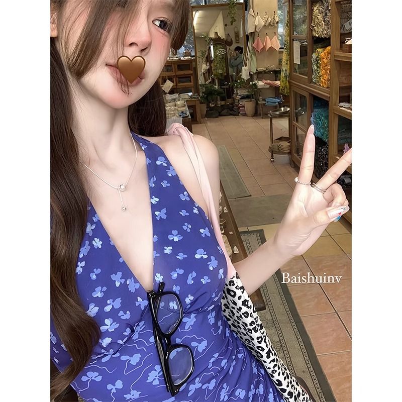 顯白絕絕紫!!V領掛脖連衣裙女夏韓系氣質修身顯瘦裙子