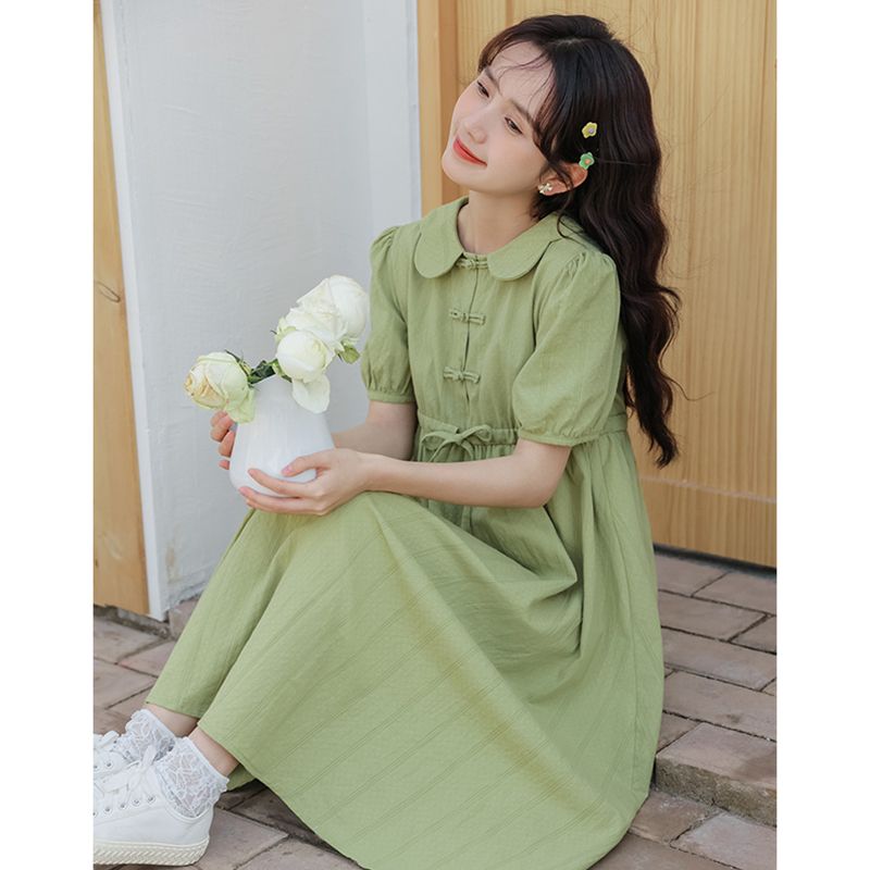 夏季森系新中式綠色連衣裙女裝2025新款小個子學院風甜美裙子收腰
