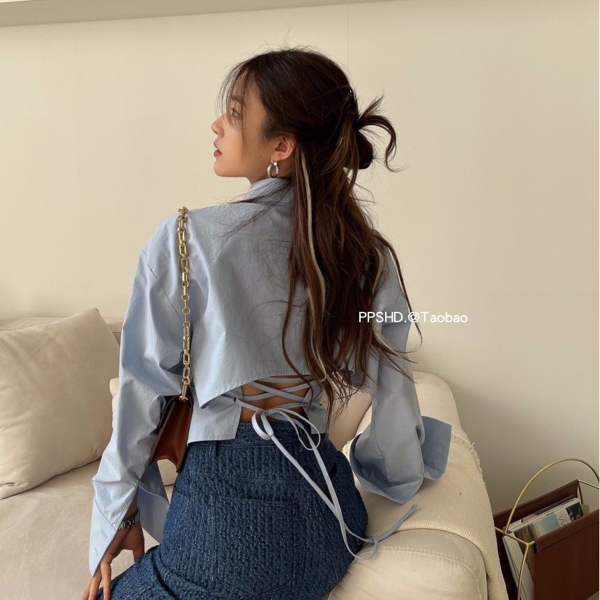 Early spring niche temperament lapel sexy backless cross strap design feel breasted slim long-sleeved shirt