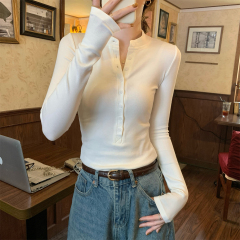 Real shot of early spring Korean style slim shoulder-right temperament button design versatile base shirt long-sleeved T-shirt top