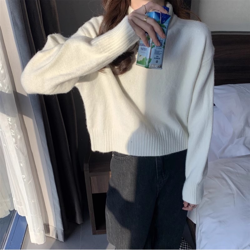 半高領白色毛衣女加厚秋冬大衣內搭打底衫新款小個子短款上衣