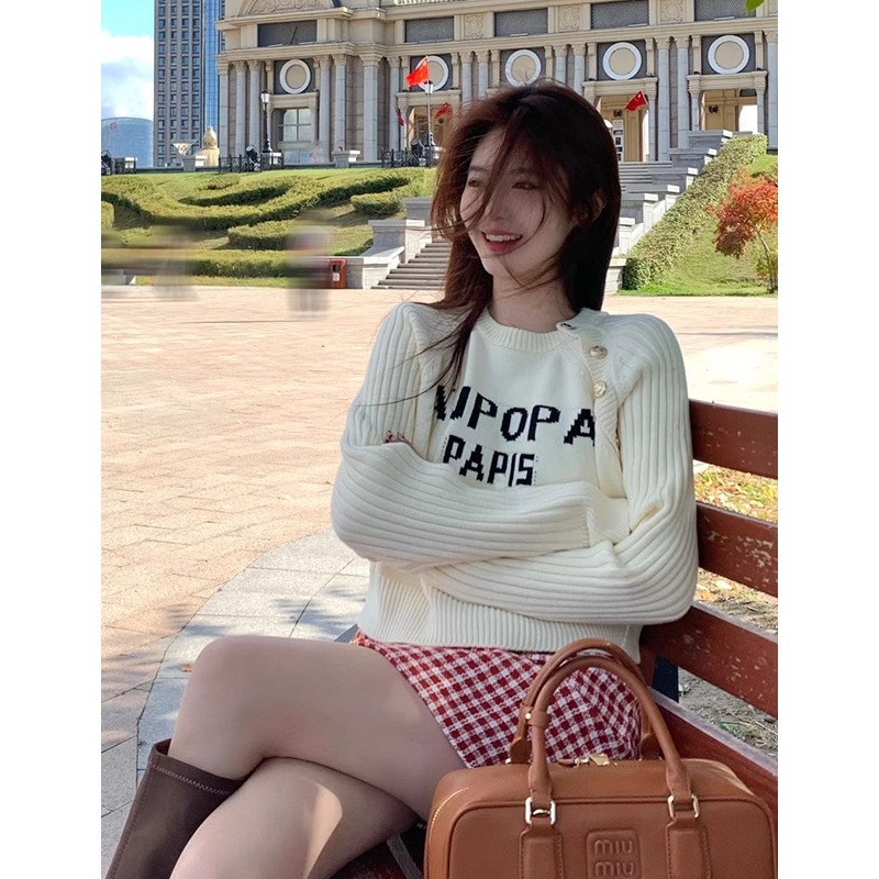 溫柔短款毛衣女字母提花設計感小眾別致針織衫甜美長袖上衣打底衫