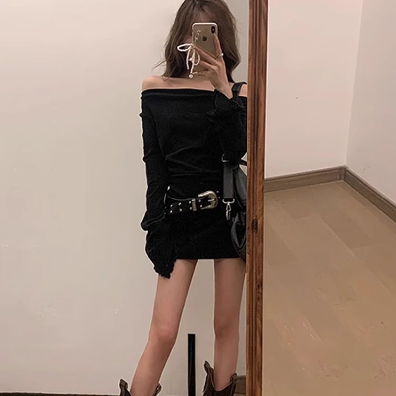 One-shoulder black dress for women in early spring 2025 new bottoming inner hip-pack skirt French temperament short skirt