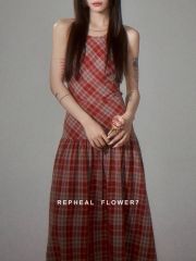 格子吊帶連衣裙仙氣露背綁帶長裙女