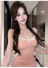 純欲芭蕾風拼接蕾絲吊帶連衣裙女春夏新款修身顯瘦絕美包臀短裙子