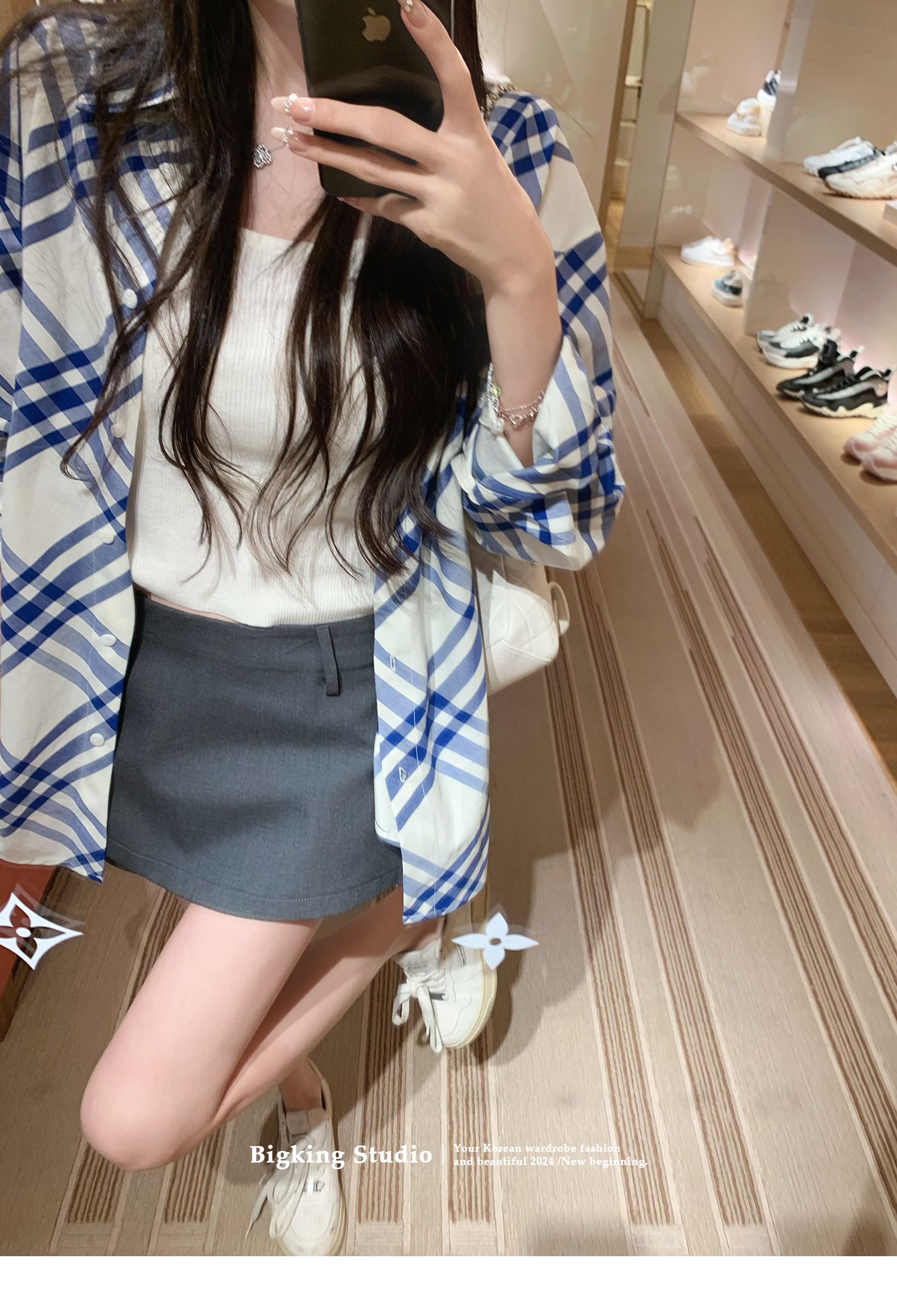 大金家寬鬆條紋襯衫外套女薄款格紋格子防曬翻領長袖上衣