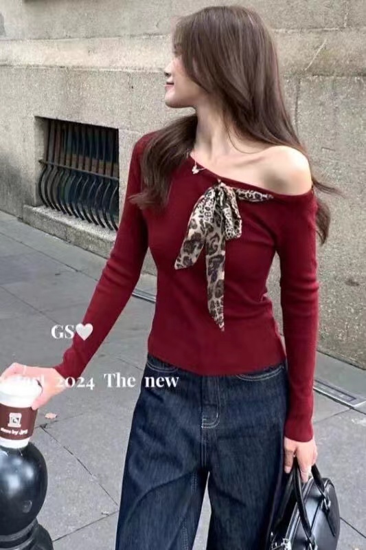 性感豹紋飄帶顯瘦氣質針織上衣女秋冬季新款百搭不規則打底衫