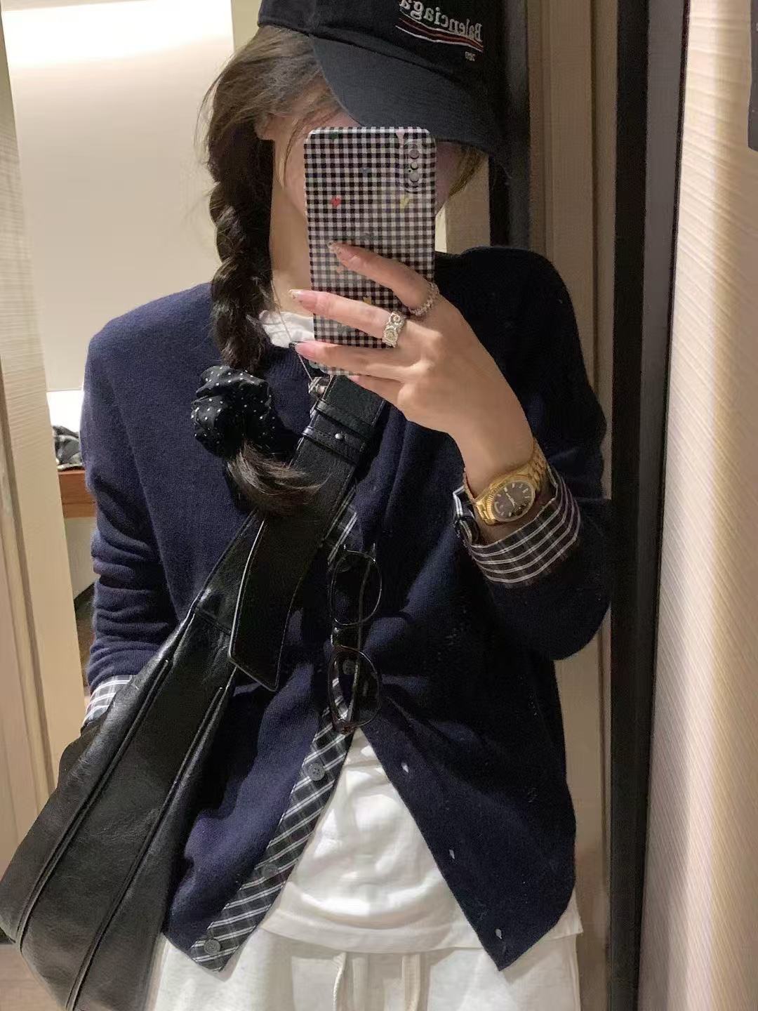 格子拼接長袖針織開衫女秋新款高級感通勤風上衣
