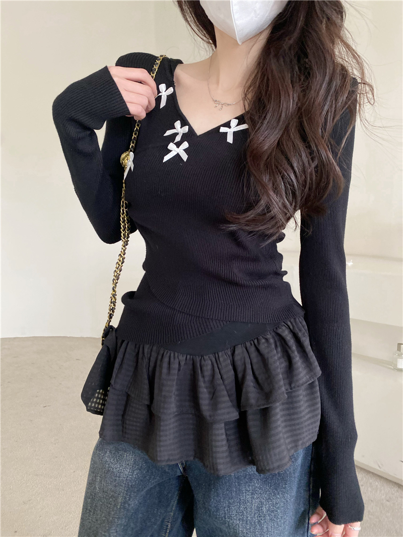 Real-life design design bow V-neck hooded sweater slim body ~ ballet style lotus leaf suspender vest