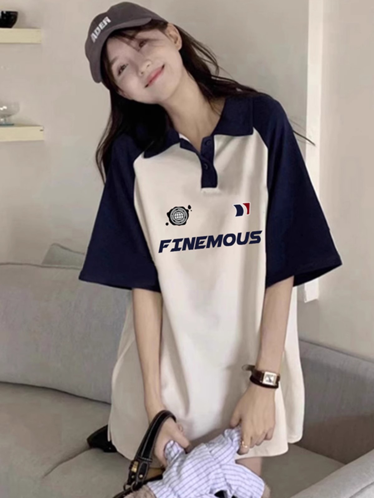 High-quality pure cotton 200g 21 combed tight printed POLO shirt loose color block lapel short-sleeved shirt for women