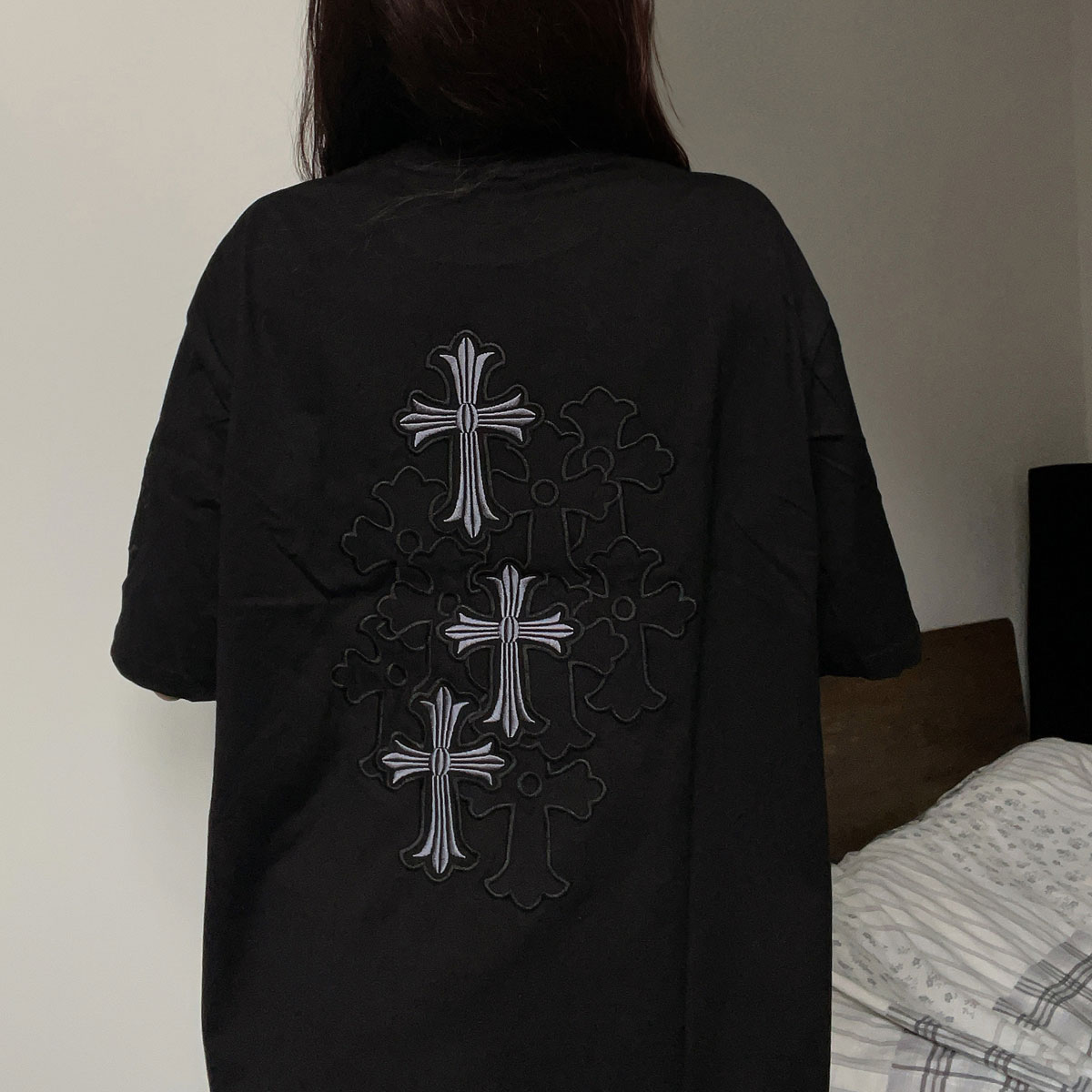 實拍 21支210g精梳純棉夏季大碼美式復古設計感刺繡短袖t恤百搭潮