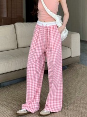 韓版格子闊腿褲女夏季薄款鬆緊腰寬鬆垂感直筒顯瘦休閒褲子潮
