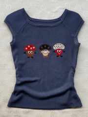 寶椰少女 原創藍色卡通貼布針織T恤女夏季vintage古着穿搭上衣潮