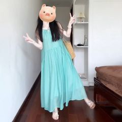 法式鏤空吊帶連衣裙女夏季海邊度假風沙灘裙褶皺慵懶鬆弛感長裙子