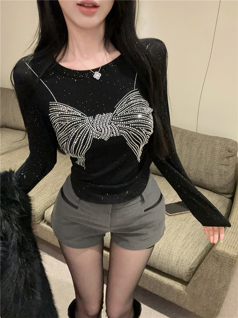 實拍~黑色個性燙鑽長袖T恤設計感修身顯瘦百搭打底短款上衣女