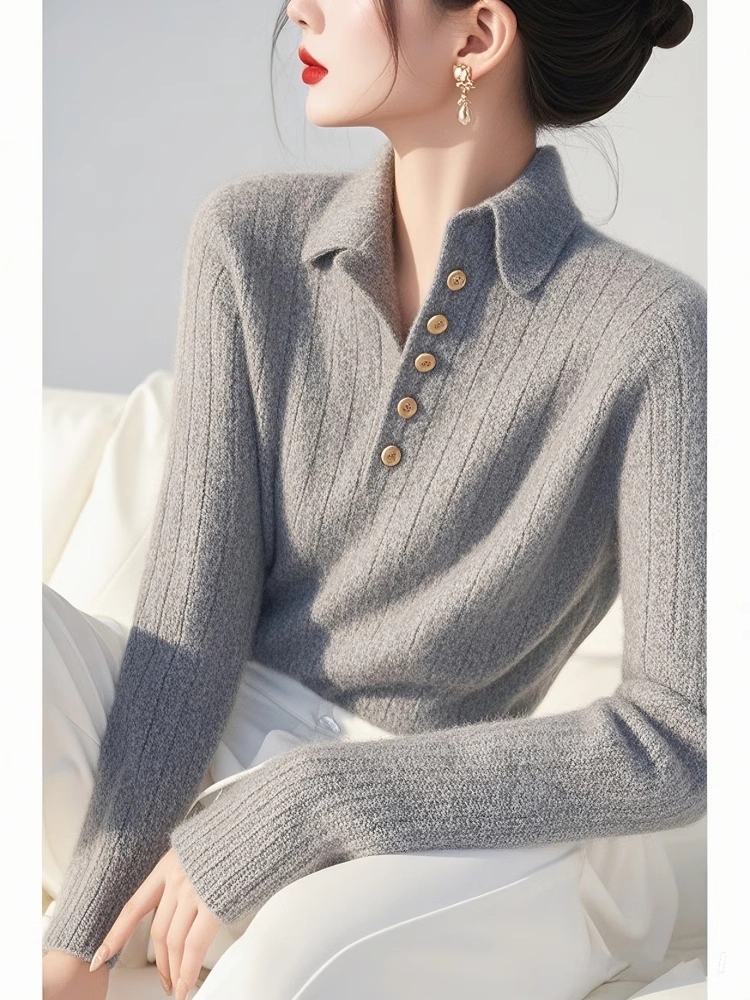 Super high-end grey lapel sweater for women 2025 spring and autumn new lazy style soft glutinous inner knitted top
