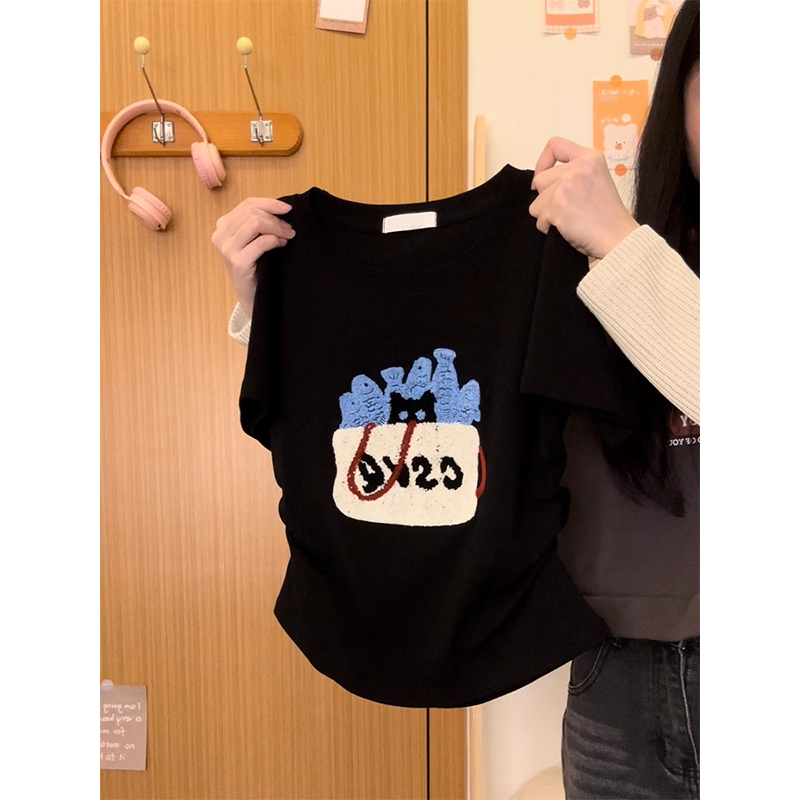 刺繡40支210克92棉8氨綸植絨卡通日系正肩百搭短袖T恤
