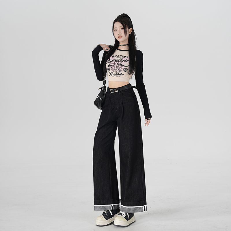 Real shot of 2025 spring fashion straight jeans for women curled edges new wide-leg hot girl spliced ​​loose pleated trousers