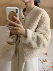 Chic Winter Simple Elegance Round Neck Single Button Loose Fit Small Figure Lamb Wool Coat with Bag