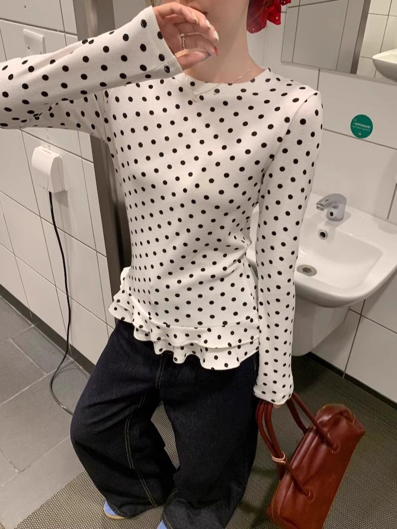 Original fabric Sweet style white polka dot long-sleeved T-shirt for women in spring ruffle bottoming shirt to make them look slim and top