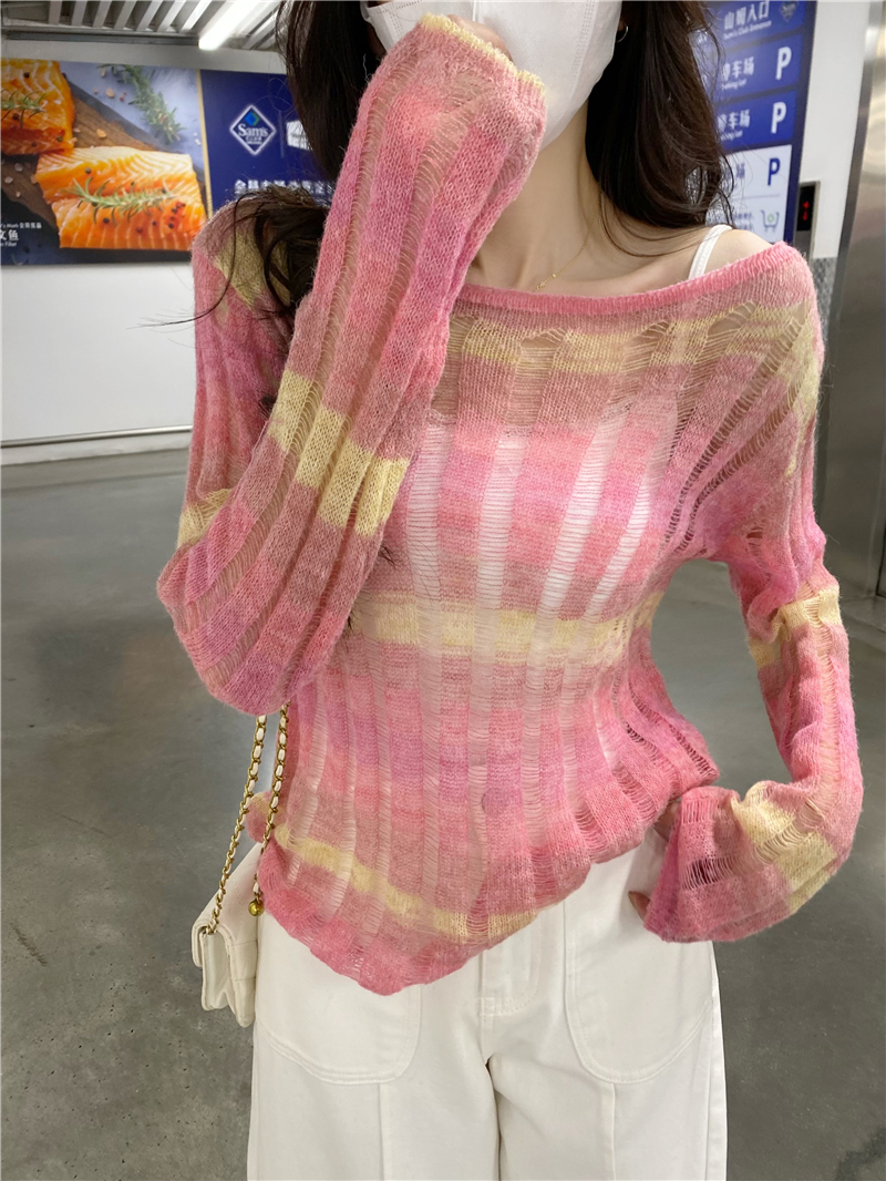 Real photo American style design rainbow striped sweater women's sunscreen blouse light color sweet and spicy T-shirt top