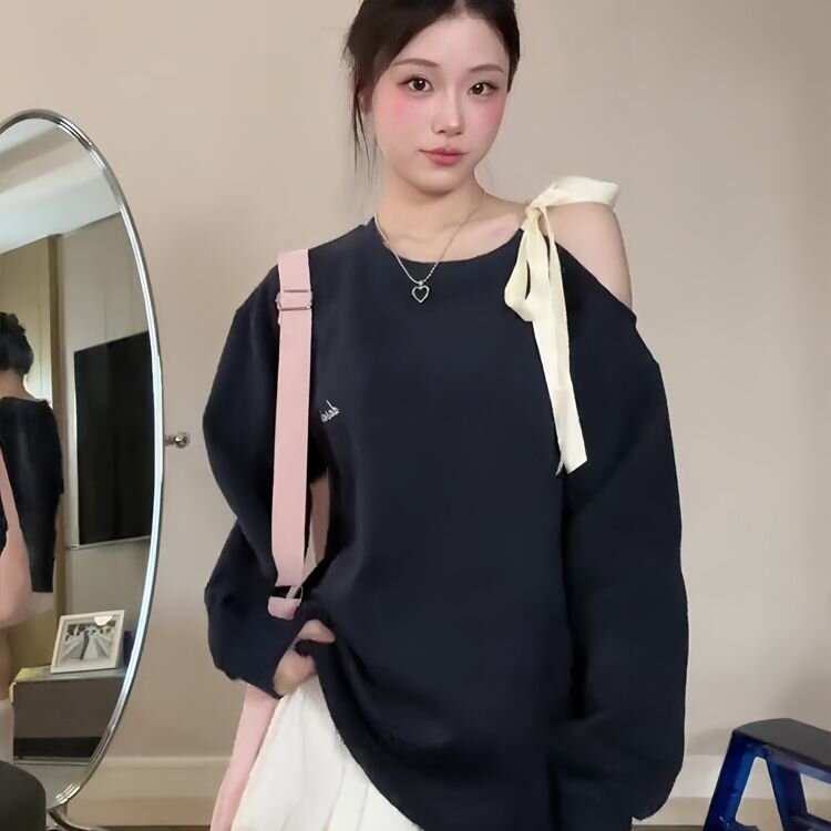 蝴蝶結綁帶露肩字母刺繡衛衣2025早春新款韓系甜美寬鬆顯瘦上衣女