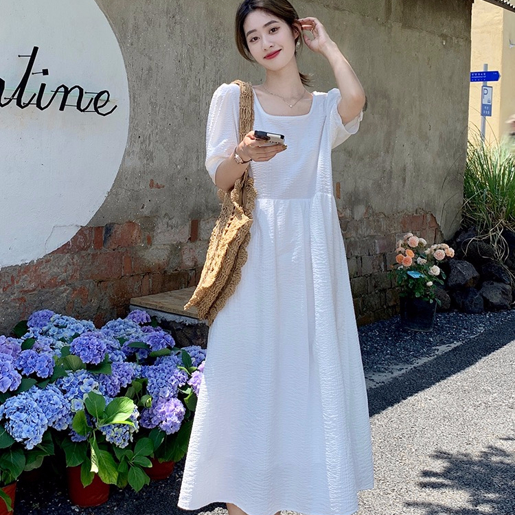 外貿韓版長裙女夏季年新款別致小方領高腰修身顯瘦純色韓版連衣裙