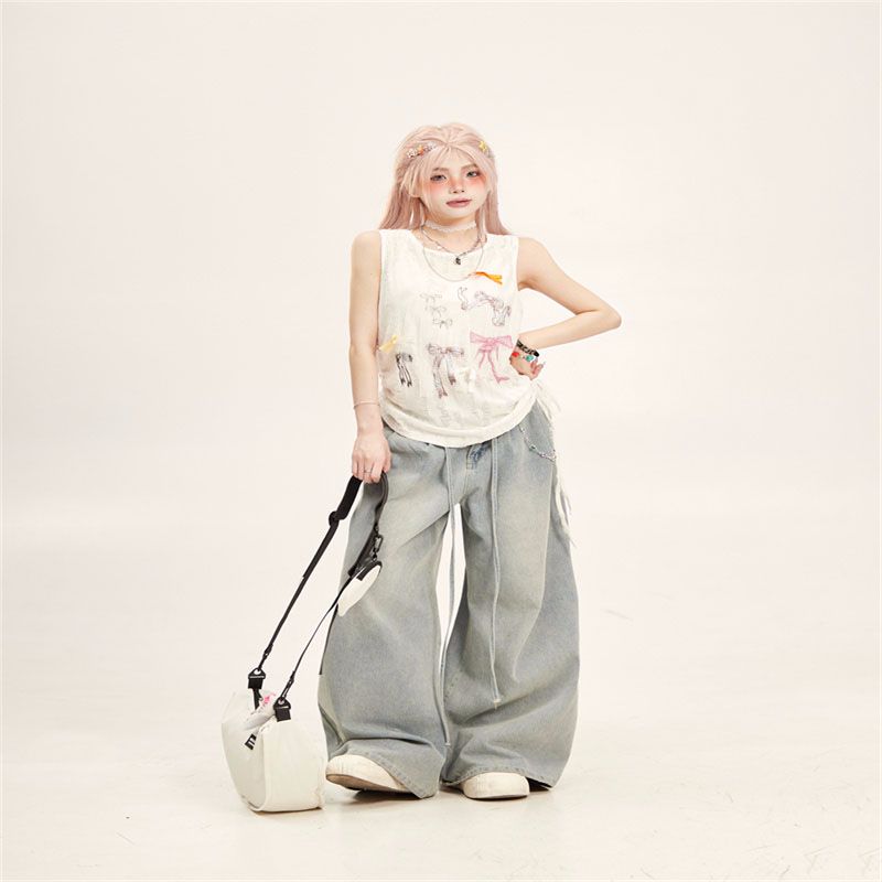 American hot girl three-dimensional bow sleeveless vest for women in summer loose outerwear design niche drawstring top trendy