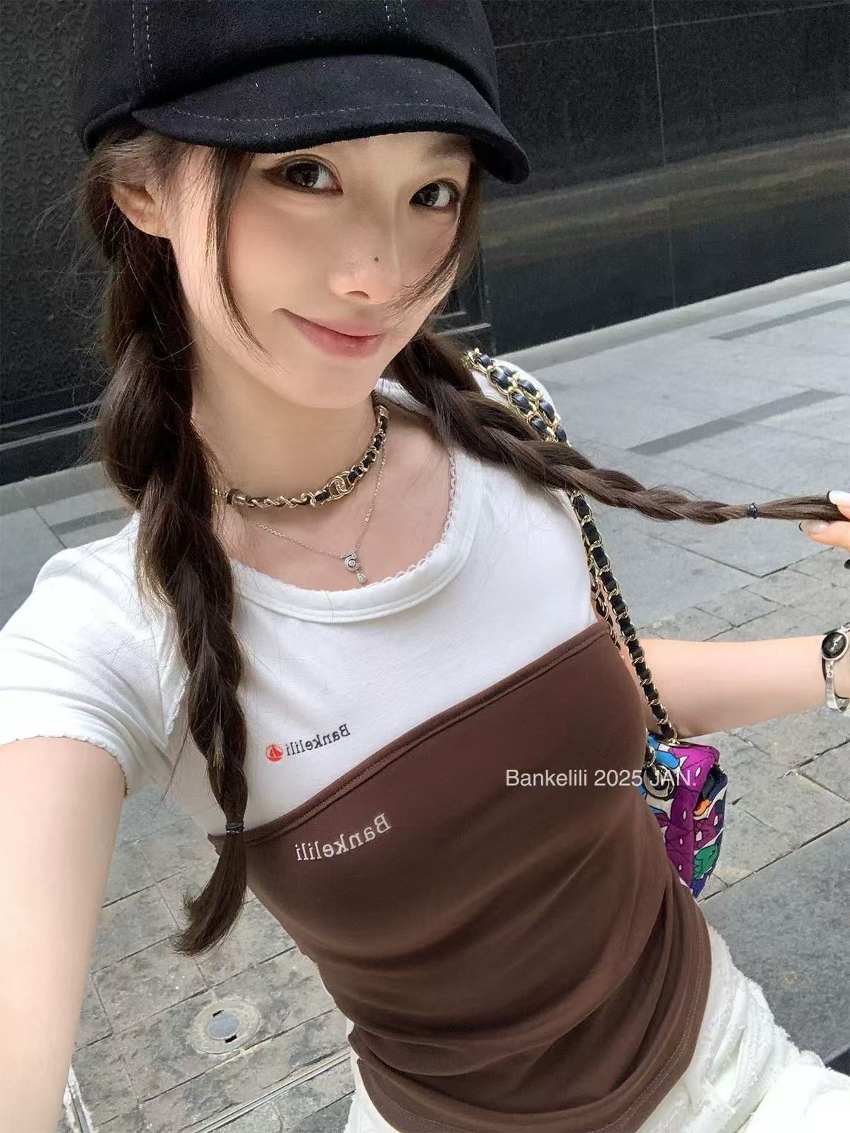 板栗可可Bankelili miu系少女設計感疊穿立體綁帶抹胸背心女