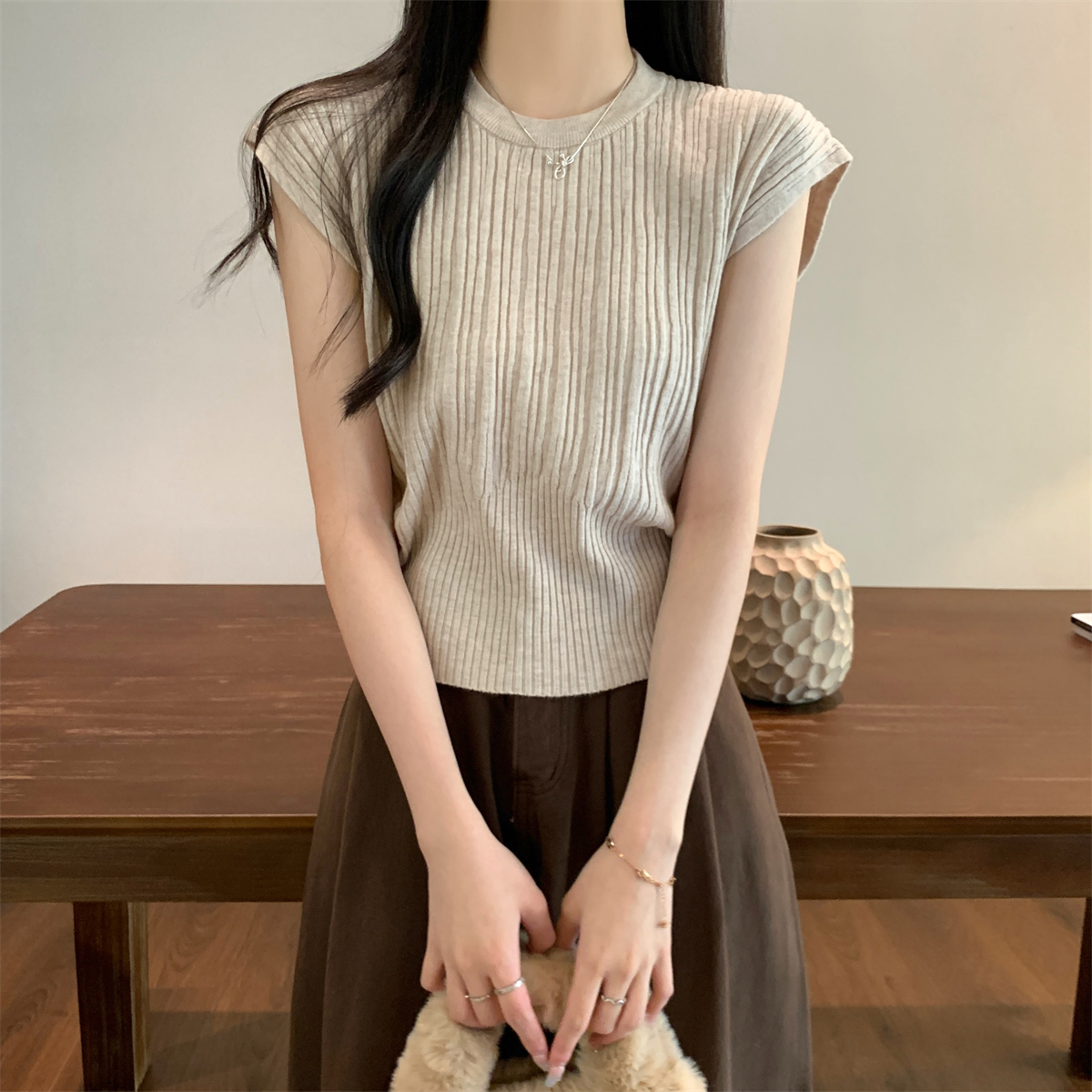 Real shot of early spring Korean style slim Andy velvet sweater short-sleeved versatile underwear sweater top