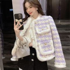 New plaid small fragrance jacket for women fresh and fashionable violet socialite thickened cotton wool cotton jacket long sleeves