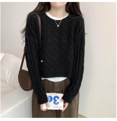 圓領套頭麻花針織衫上衣女裝春季新款內搭慵懶軟糯毛衣短款外套