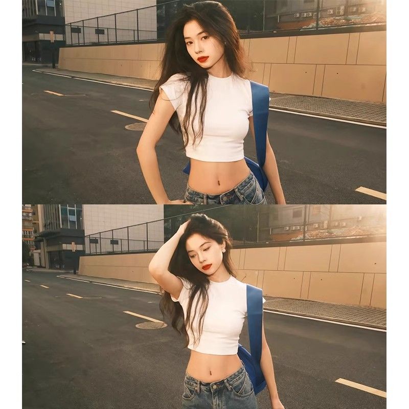 210g pure cotton thread quality hot girl front shoulder short sleeve white T-shirt for women in summer