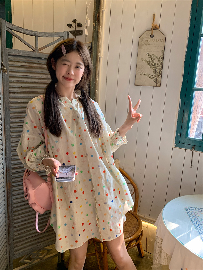 Colorful polka dot printed long-sleeved dress for women in summer new sweet age-reducing design small loose short skirt