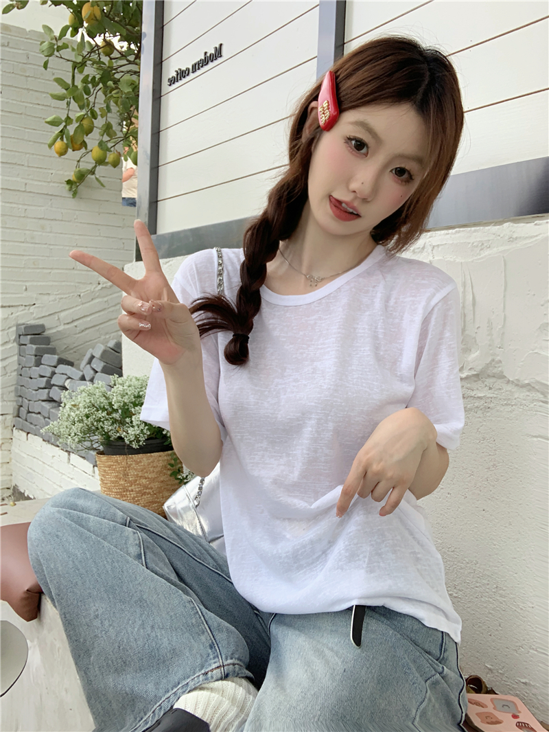 Real photo of micro-transparent short-sleeved snowflake linen T-shirt women's summer new trendy V-neck tops ins trendy