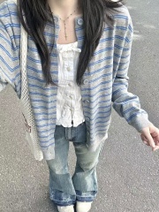 復古撞色條紋開衫外搭毛衣女春秋2025新款慵懶風韓系針織上衣外套