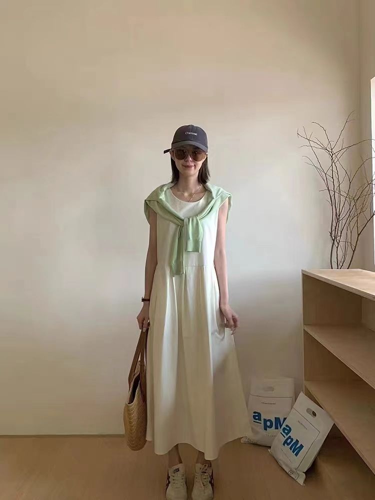 韓國2025春夏新款茶歇法式白色連衣裙女氣質小個子無袖背心裙長裙