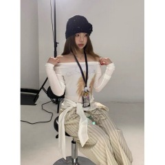 Free-to-shoulder long-sleeved T-shirt for women in spring straps and waist-removing top