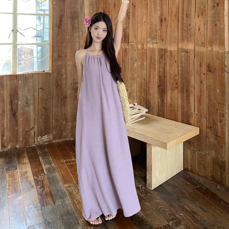 法式初戀溫柔紫色掛脖吊帶連衣裙夏季女度假風寬鬆顯瘦A字長裙子