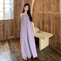 French-style first love gentle purple V-neck strap dress for summer women's vacation style loose and slimming A-line long skirt