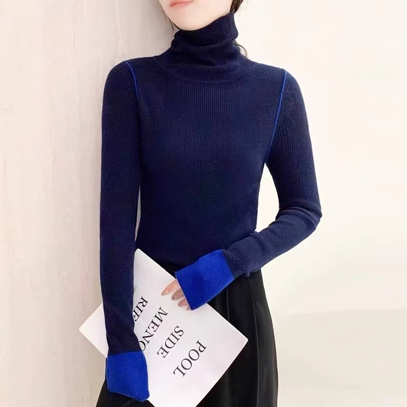 2025秋新款針織衫袖口拼色羊毛長袖顯瘦別致洋氣上衣毛衣打底衫女