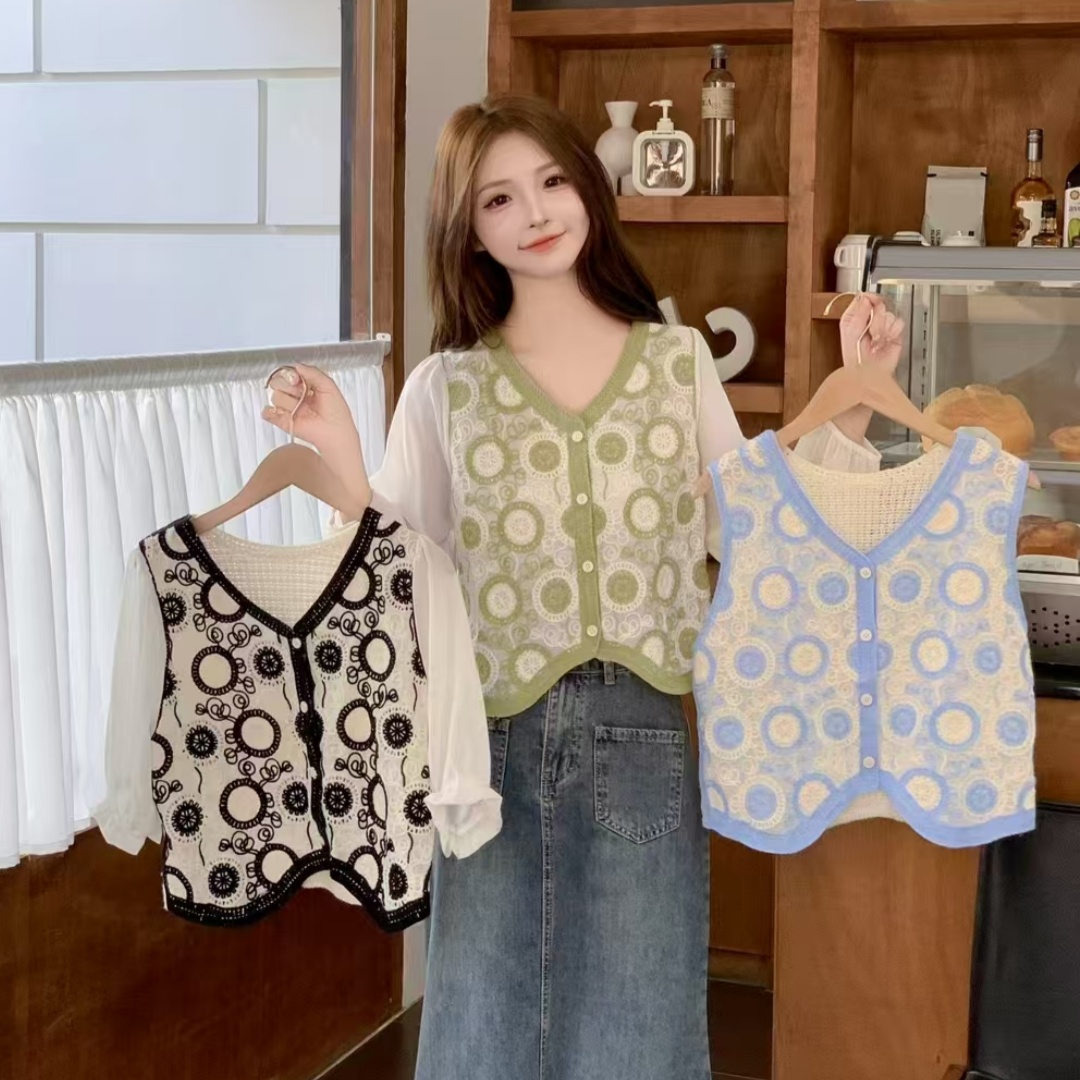2025春秋季新款V領鏤空鈎花刺繡針織小衫長袖上衣顯瘦短款少女