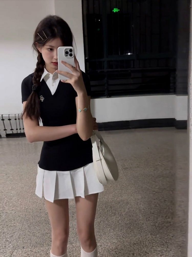 夏日一整套穿搭女2025學院風小個子辣妹穿搭JK拼接修身百褶連衣裙