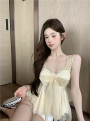 ~Photographed~ French Sweet Style Hot Girl Bodycon Camisole Top with Heavy Work Embroidered Diamond Bow Net Fabric