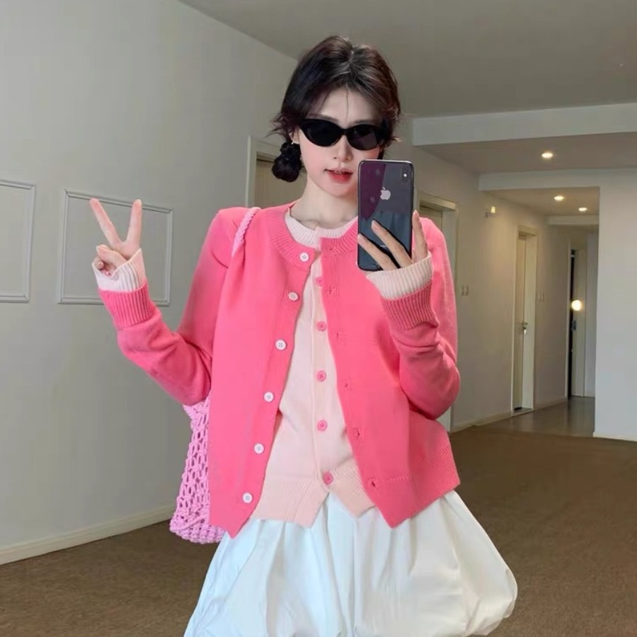 韓系設計感樹莓粉色假兩件針織開衫女春秋慵懶高級感毛衣外套上衣