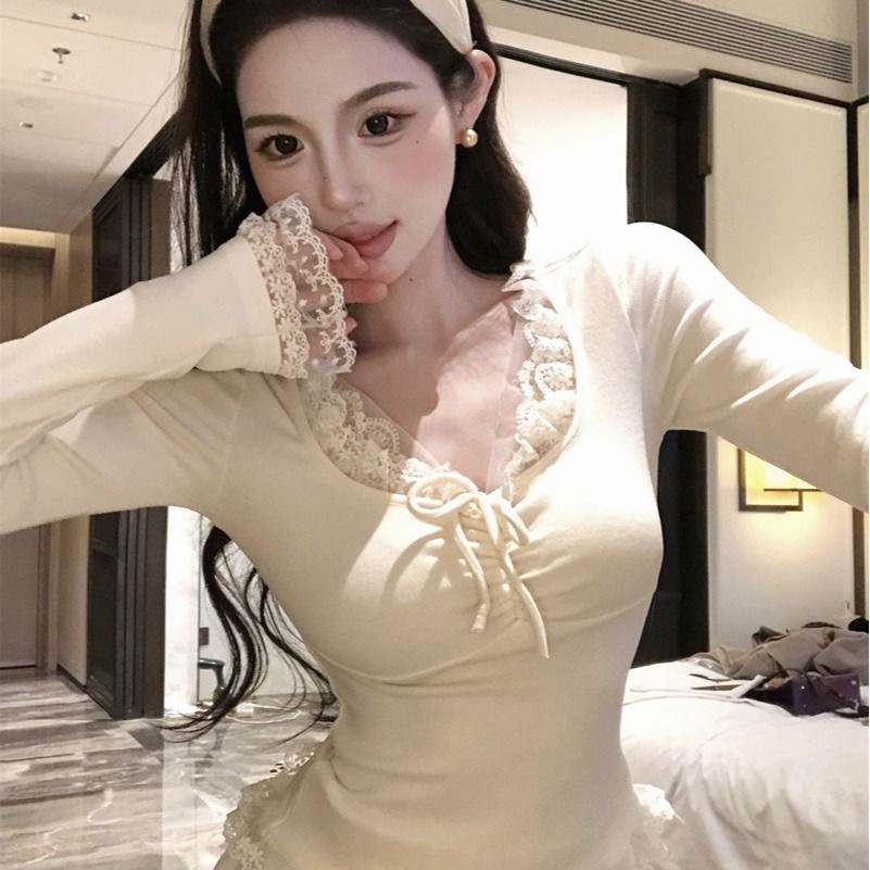 270g threaded velvet/lace spliced ​​pleated top slim short V-neck long-sleeved T-shirt