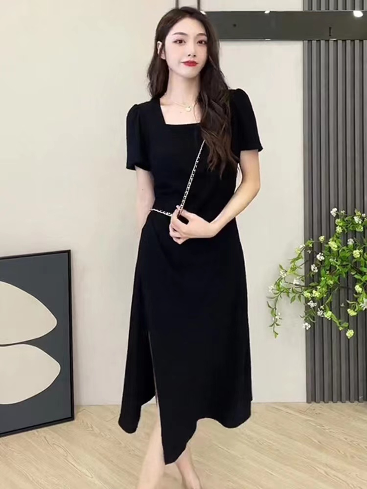 小眾設計高級感連衣裙子女夏季2025新款茶歇法式開叉梨形微胖長裙