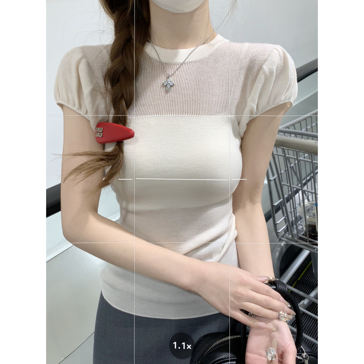 Real shot of spring and summer Korean version of gentle pure and transparent spliced ​​puff sleeve 6 wool sweater short-sleeved top