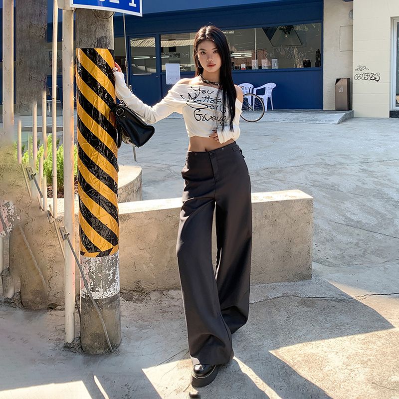 Real shot of 2025 spring fashion loose casual wide-leg floor trousers for women